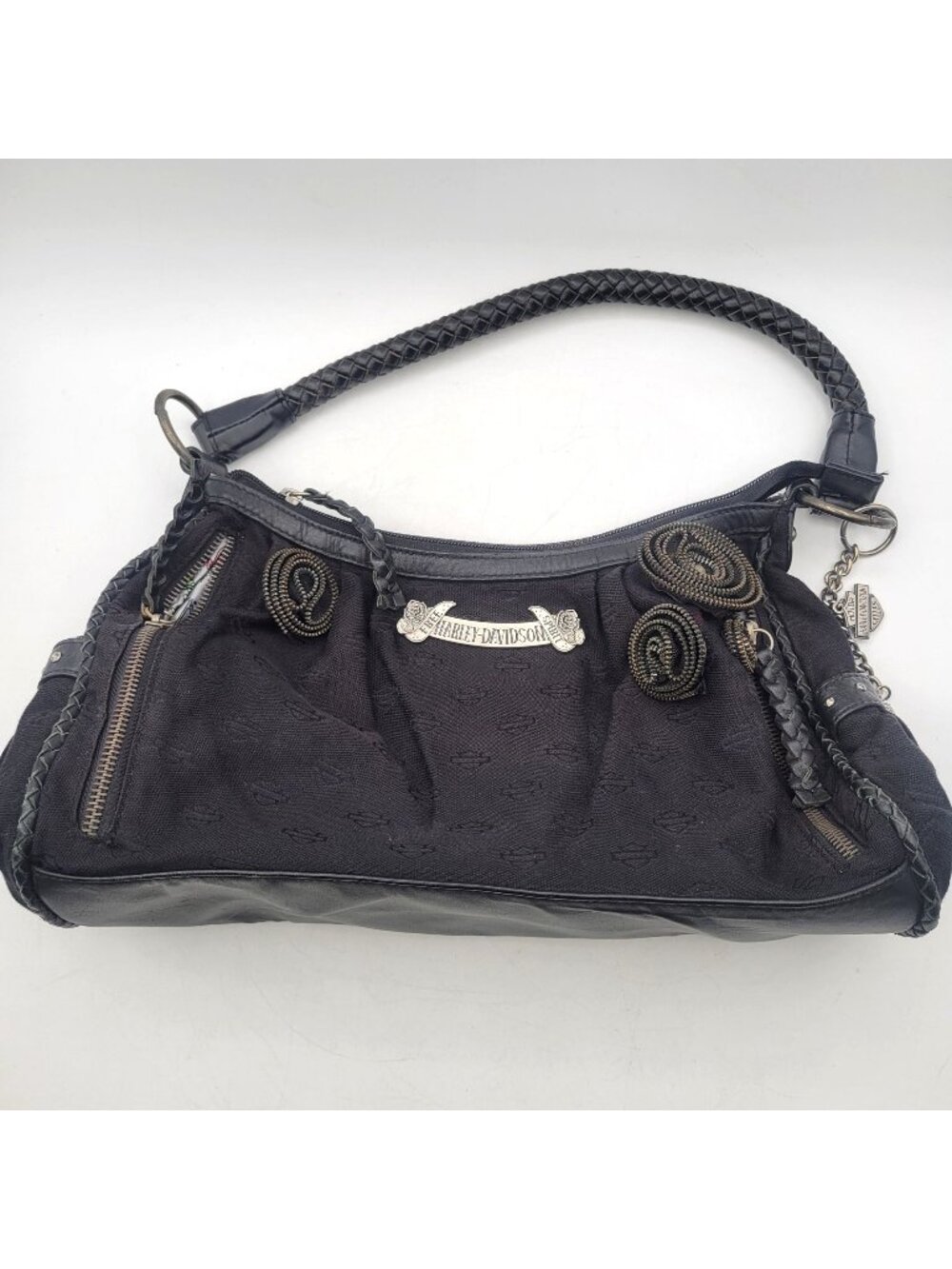 Harley Davidson Free Spirit Black Canvas & Leather Tassels & Zip Shoulder Purse
